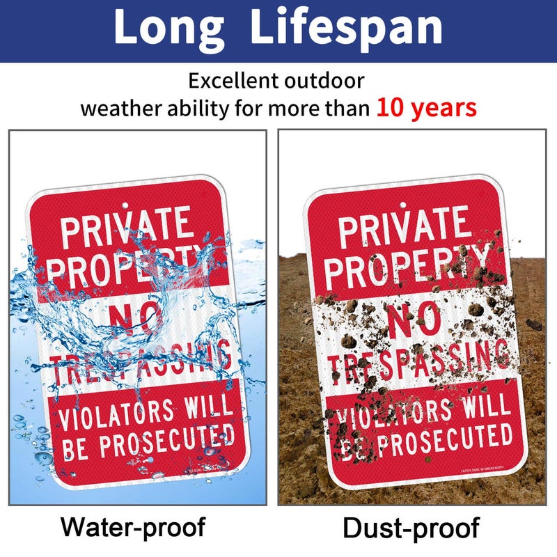 Faittoo (2 Pack) Private Property No Trespassing Sign, Violators Will Be Prosecuted, 18 x 12 Engineer Grade Reflective Sheeting Rust Free Aluminum, Weather Resistant, Waterproof, Easy to Mount - Image 4